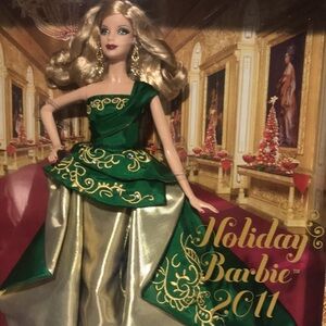 Holiday Barbie 2011 green and gold gown new in box